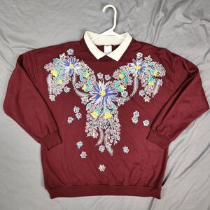 Vintage 90s Women's Size M Collared Crewneck Sweatshirt Pullover Glitter Flower